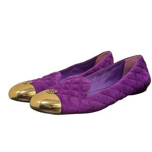 Tory Burch Purple Quilted Suede Flats Gold Cap Toe Size 9